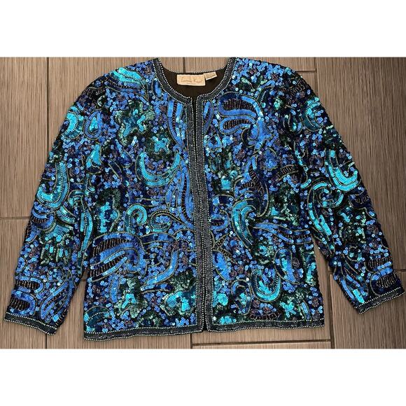 Vintage Laurence Kazar Beaded Sequin Jacket Blue Turquoise Small Beautiful Silk - Picture 1 of 3